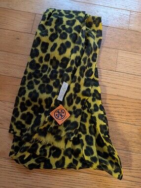 Tory Burch Leopard Cheetah Print Wool Kashmir Scarf Wrap Yellow Black Luxury Vtg